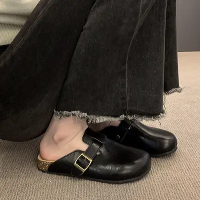 Women's Black Slip-on Leather Slippers with Buckle