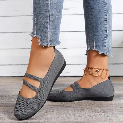 Women's Black Mesh Flat Shoes with Cross Strap