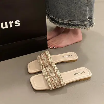 Women's Chanel Style Sandals with Gold Embroidery