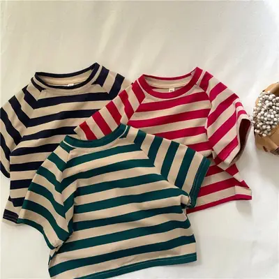 Kids Striped T-Shirt Red White Cotton Boys Girls