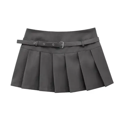 Women Grey Pleated Belted Skirt Slim Fit College Style