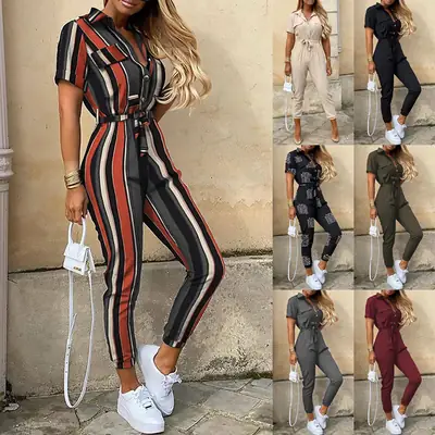 Women's Printed Long Pants Set with Belted Waist & High Waist
