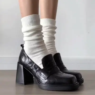 Women's Black High Heel Slip-On Loafers with Thick White Socks