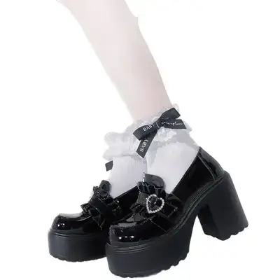 2025 Spring New Thick Heel Heel Height-increasing Leather Shoes for Women Black JK Style Mary Jane Shoes Fashionable All-match Single-layer Shoes for Women