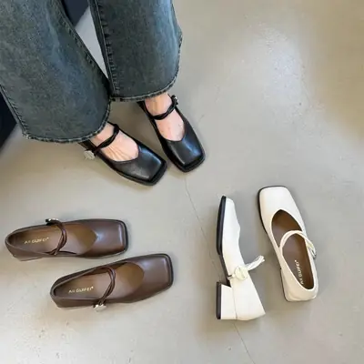 Women's Mary Jane Heels Square Toe Thick Heel Slip On