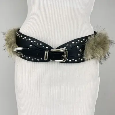 Black Fur Patchwork Waist Cincher Belt with Rivets