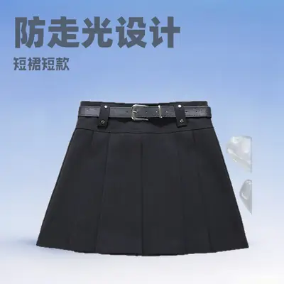 Black Pleated Skirt with Belt for Women Spring Summer