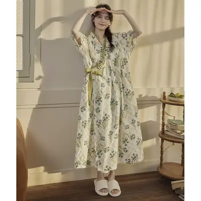 Short-sleeved Nightgown with Chest Pad Women's Summer Thin European and American Flower Ice Silk plus size Outer Wearing Mid-length Home Clothes Skirt