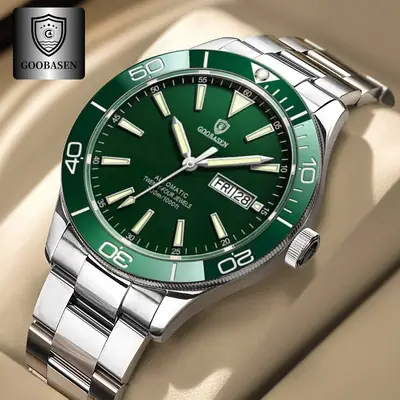 Guberson Green Submariner Men's Watch with Transparent Back