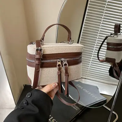 Women's Double Zipper Shoulder Bag Brown Beige Crossbody