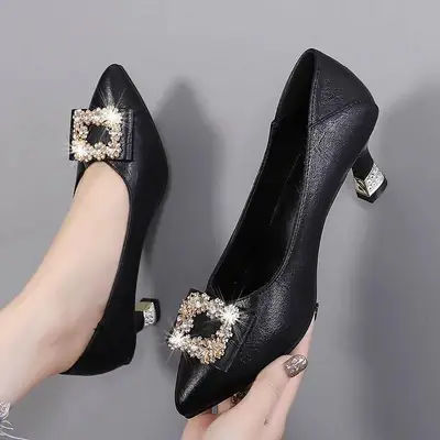 Black Rhinestone Square Heel Women's Shoes Medium