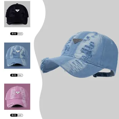 Women Blue Hole-Damaged Sun Hat with Triangle Logo