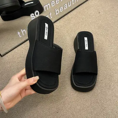 Women's Black Thick Slide Slippers Summer