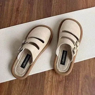 Women's Beige Linen Slip-on Half Slippers