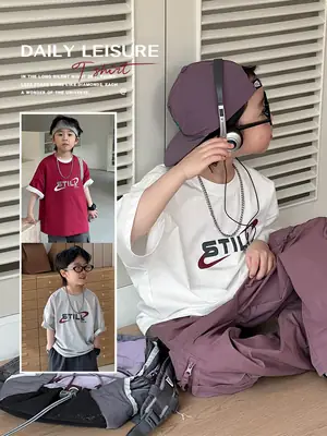 Boys Korean Short Sleeve T-Shirt Set Red Medium