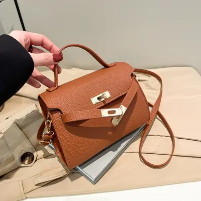Women's Brown Square Shoulder Bag with Metal Clasp