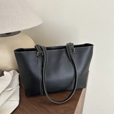 2025 Korean Style Black Leather Tote Bag for Women