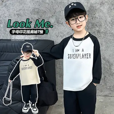 Boys Raglan Sleeve Letter T-Shirt Black White 2025