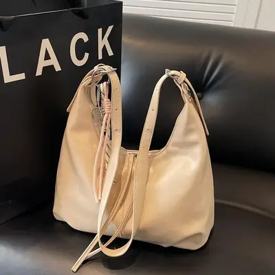 Women's Beige Leather Shoulder Bag with Adjustable Strap