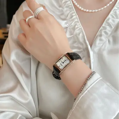 Women's Square Quartz Watch with Leather Strap & Pearl Necklace