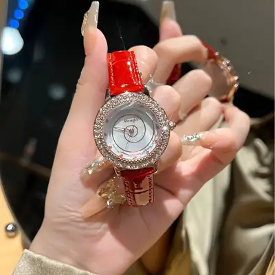 Women's Red Crystal Watch with Pearl Strap