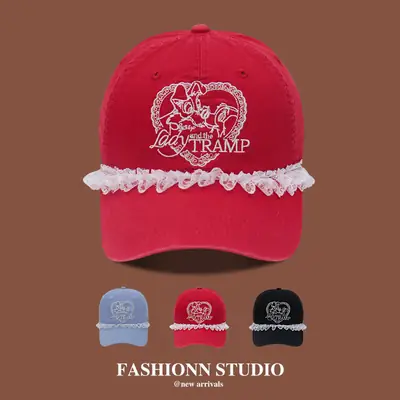 Red Korean-style Face Embroidered Cap for Women