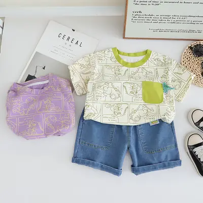 Boys Cartoon Dinosaur T-Shirt Summer Casual Blue Shorts