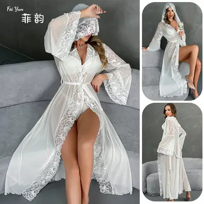 White Lace Mesh Bathrobe Set for Women