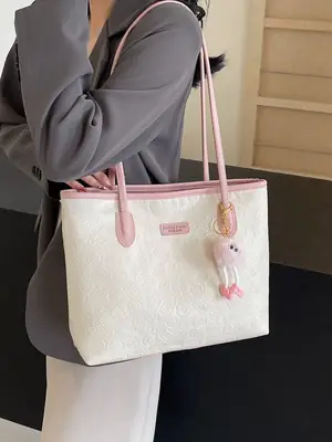 Women's White Embossed Shoulder Bag with Pink Handle & Doll Key