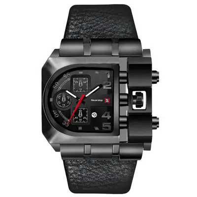 Men's Black Leather Strap Quartz Watch with Large Dial