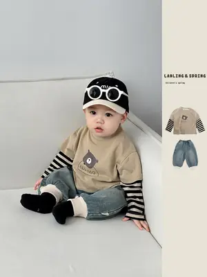 Korean Style Boys Grey Cotton Shorts Set Spring New