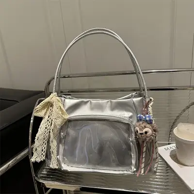 Japanese Ballet Style Silver Ribbon Tote Bag Large Capacity