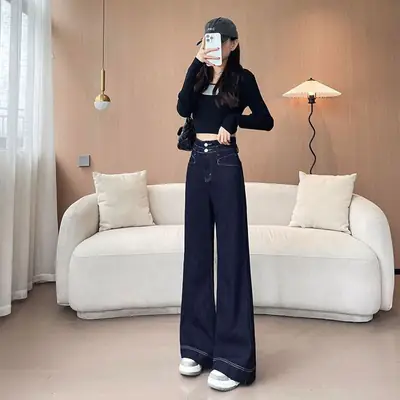 High-Waist Korean Style Jeans Dark Blue Wide Leg Pants