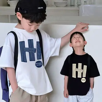 2025 Summer Boys Cotton T-Shirt Black High Street Print