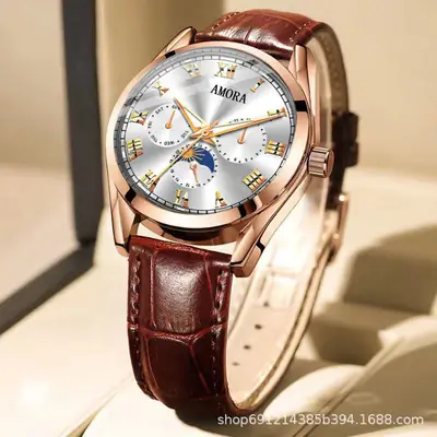 Men's Luminous Quartz Watch with Brown Leather Strap