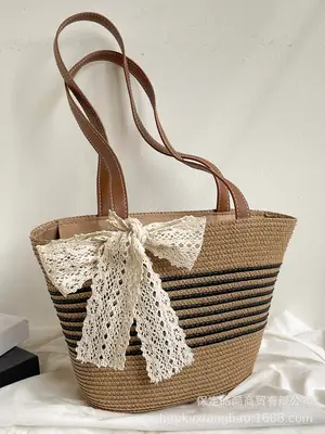Straw Tote Bag with Lace Bow for Women