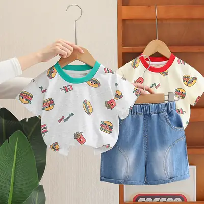 Kids Short Sleeve T-Shirt with Burger Print 2025 Summer