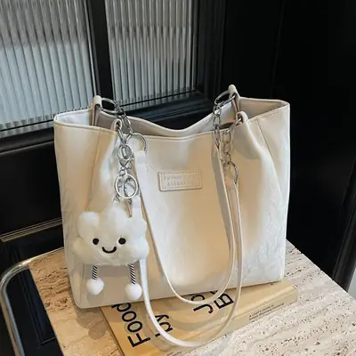 Women's Cream Crossbody Tote Bag with Cute Charm