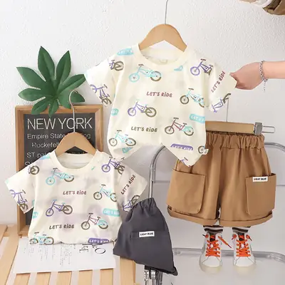Summer New Boys Printed Cotton Shorts Suit