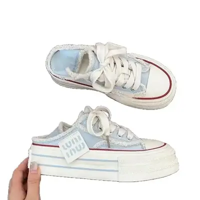 Fashionable Chanel Style Canvas Shoes with Trim Decorative Platform Bottom One-Pedal Popular New Style Casual Women's Shoes Ins Style