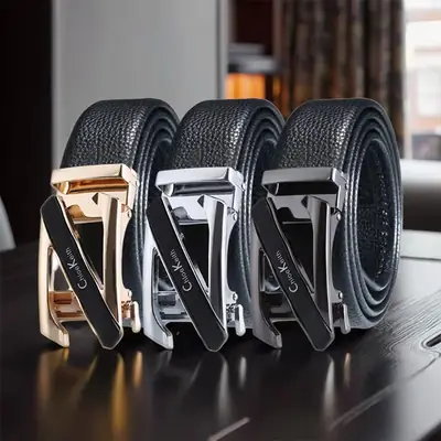 Men's Leather Belt Black Gold Automatic Buckle