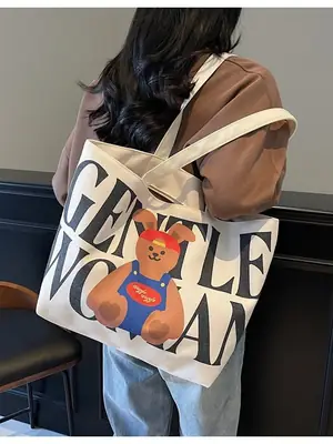Women Crossbody Canvas Tote Bag with Teddy Bear Design