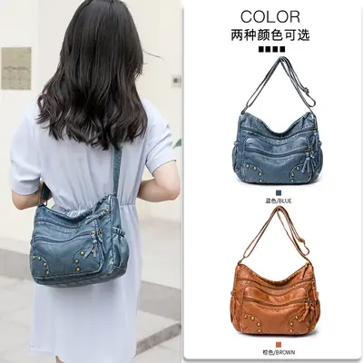 Women's Blue & Brown Washed Leather Shoulder Bag
