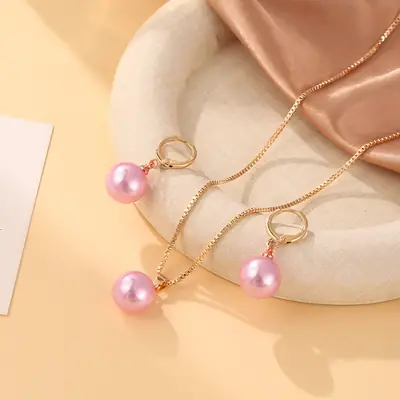 Pink Pearl Pendant Earrings Necklace Set for Women