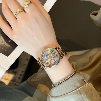 Women's Gold Plated Quartz Watch with Rainbow Dial
