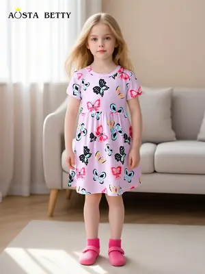 Girls Princess Dress Butterfly Print Short Sleeve Summer