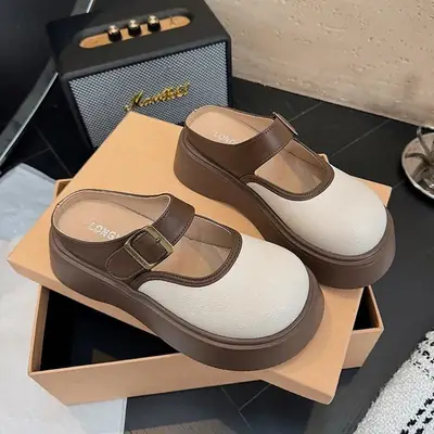 Women's Brown White Half Slippers Mary Jane Sandals