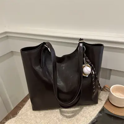 Vintage Black Leather Tote Bag for Women Large Capacity