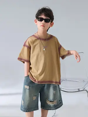 Boys Summer T-Shirt Shorts Set Brown Denim Shorts 2025