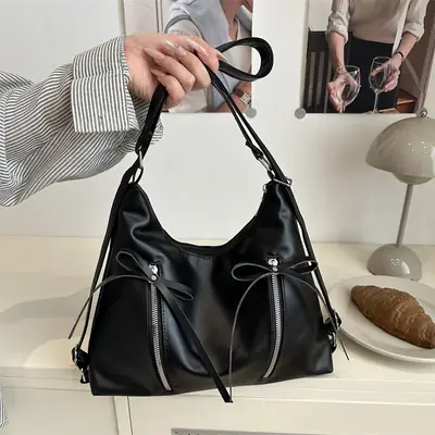 Black PU Bow Shoulder Bag Large Capacity 2025
